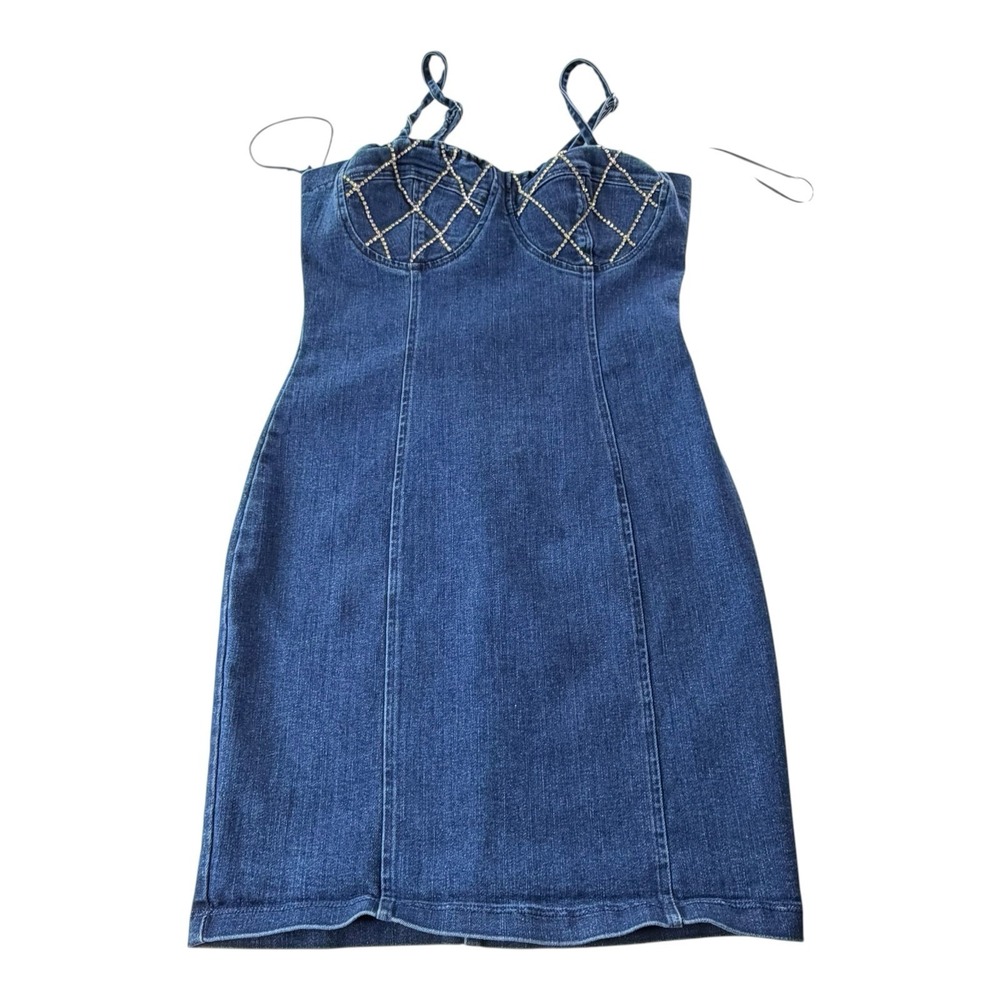 Haute Monde Denim Rhinestone Bustier Bodycon Mini Dress Women's Small